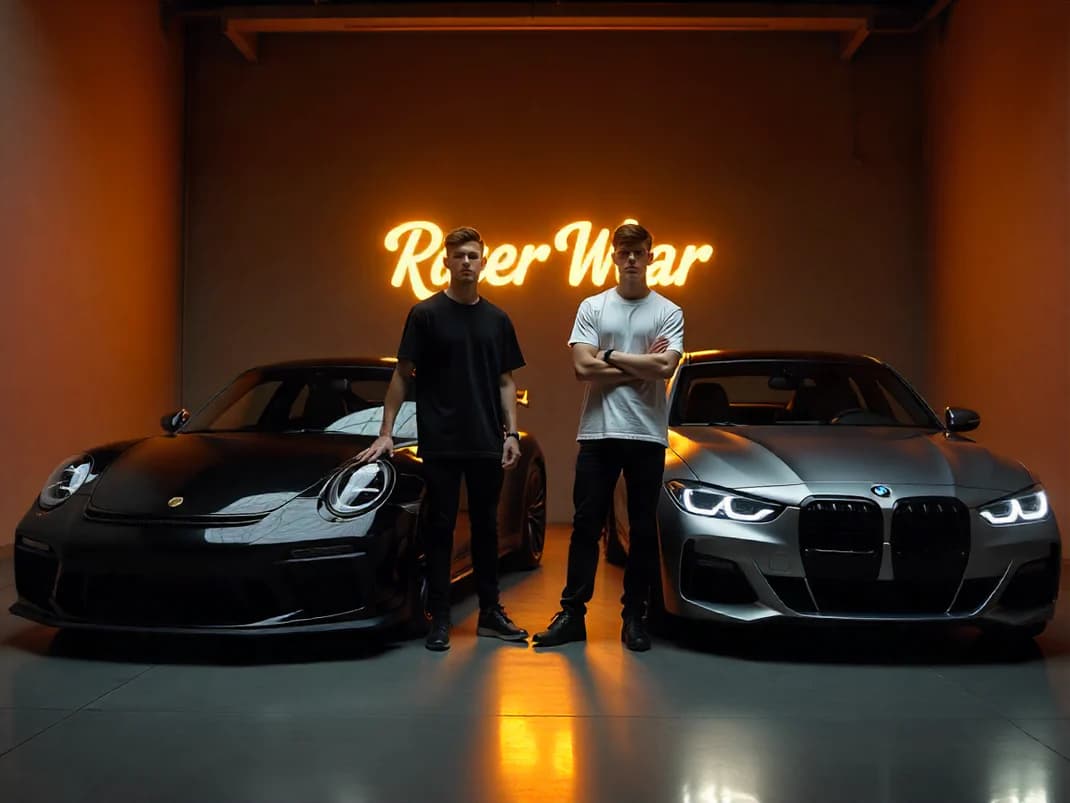 Two founders standing between Porsche and BMW with Carbon Fit neon sign